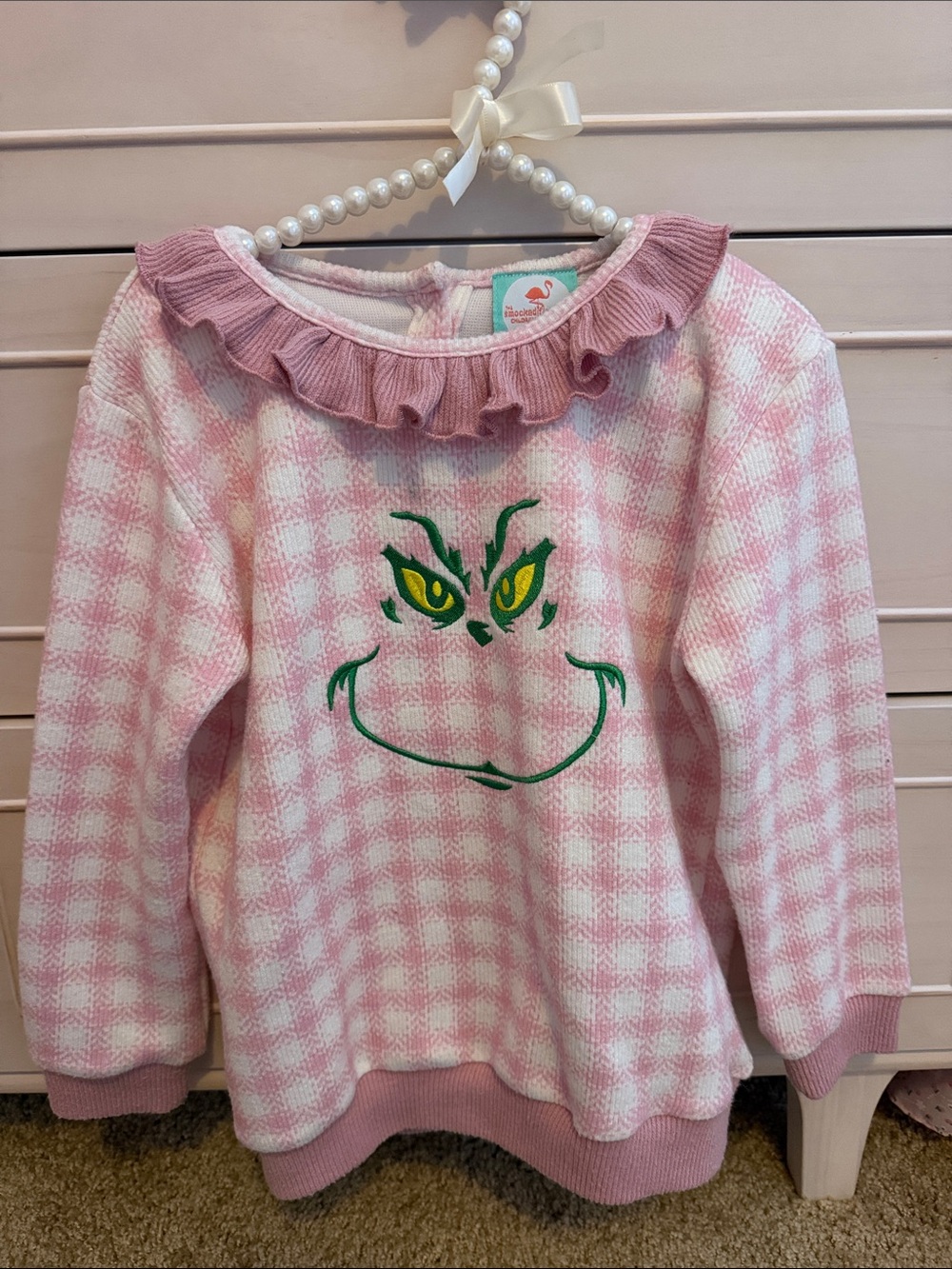 Girls Pink Ruffle Collar Knit Sweater with Playful Green Face Embroidery